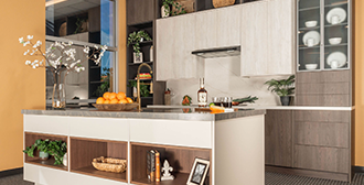 European frameless base cabinets with brushed gold hardware — Eurocraft Trends Series