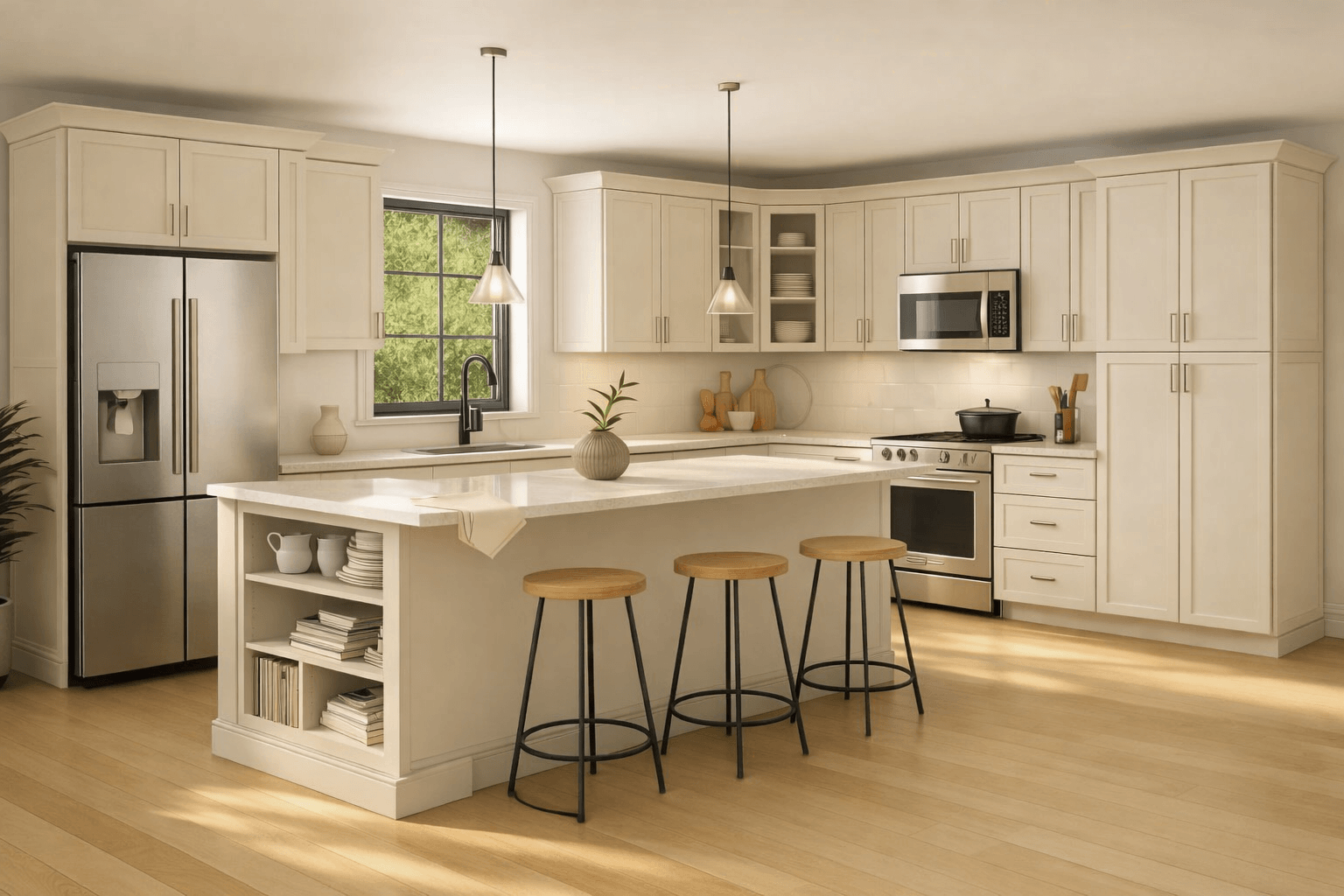 Eurocraft Mist Beige Shaker cabinets from the Signature Series in a bright kitchen design