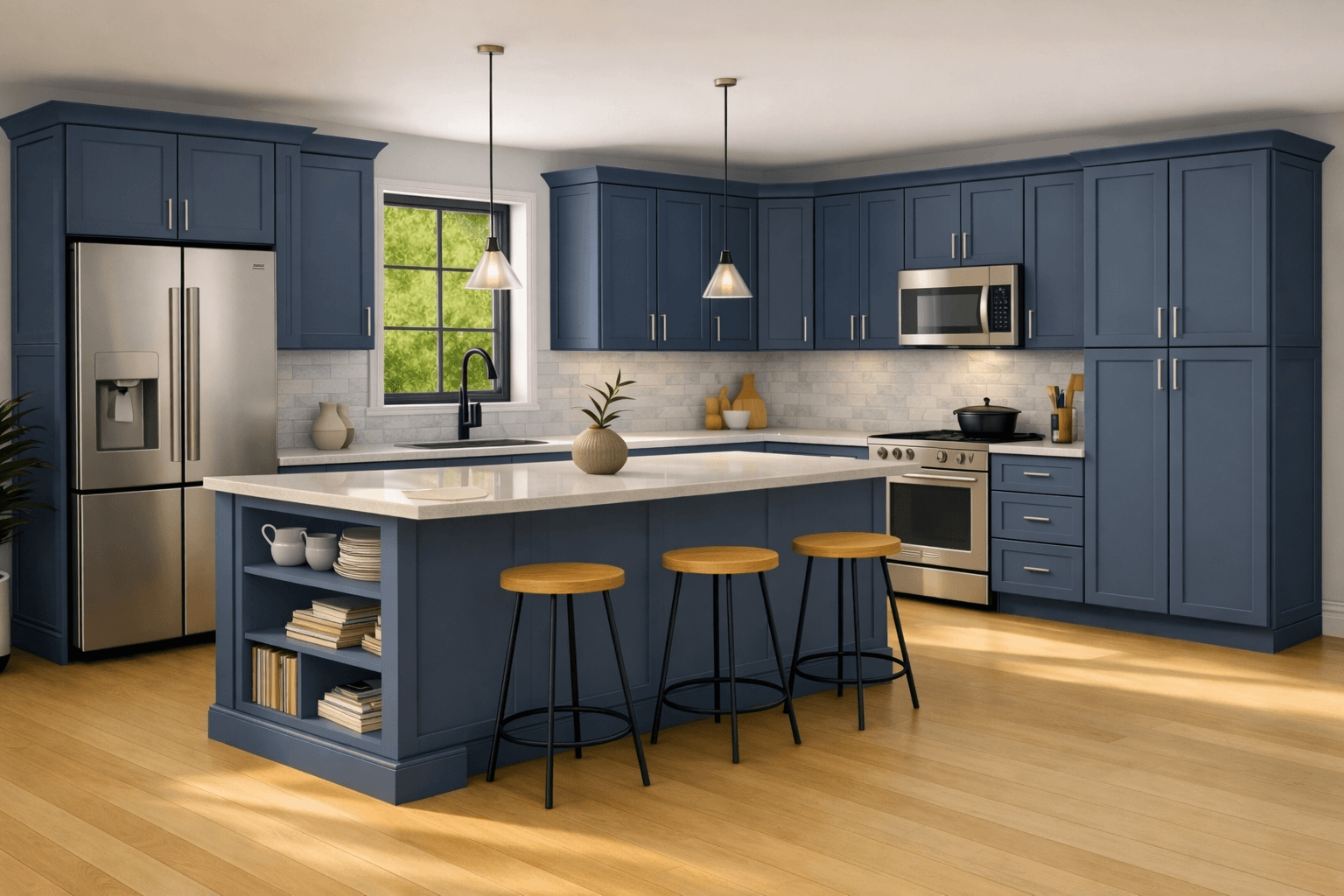 Eurocraft Midnight Blue Shaker cabinets from the Signature Series in a modern kitchen design